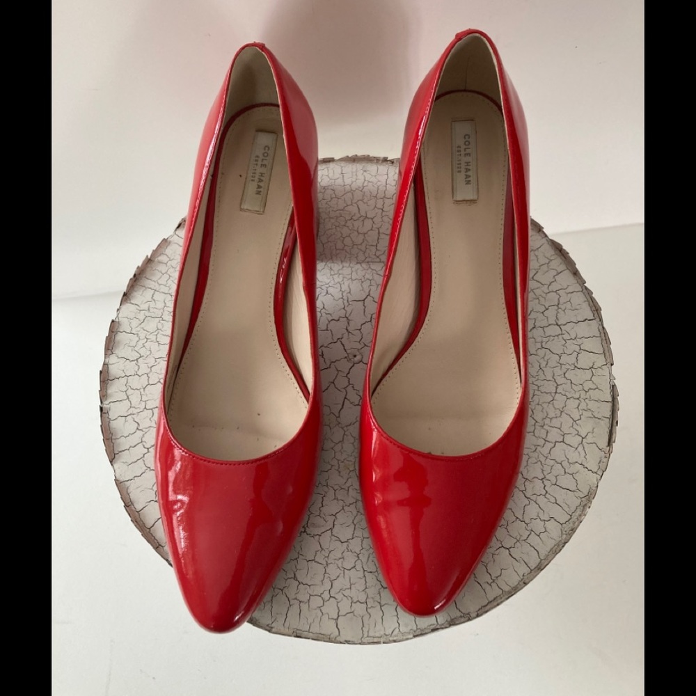 Cole Hann Patten Leather Square Healed Red Pump.